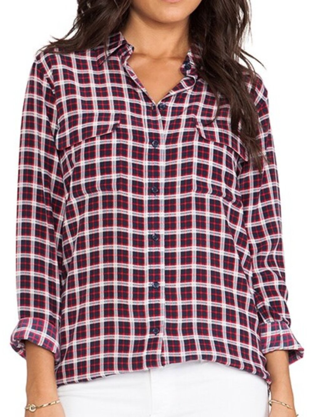 Equipment Femme 100% Silk Top Red Navy Blue Plaid Button Up Shirt Size L